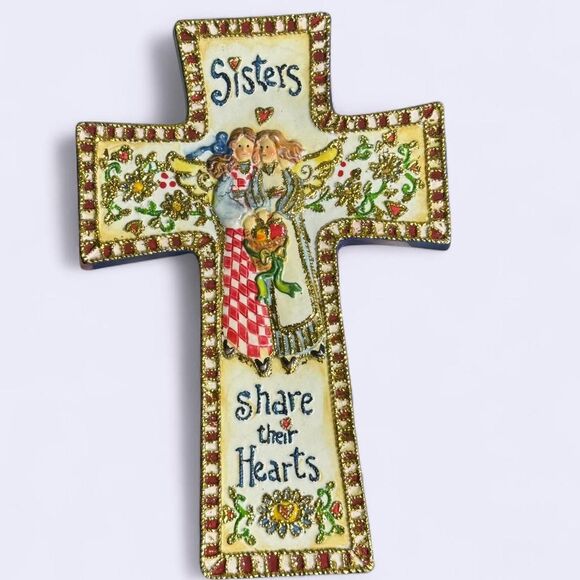 Vintage Shelly Rasche by Roman Inc. Ceramic Cross "Sisters Share Their Hearts" - Picture 3 of 5